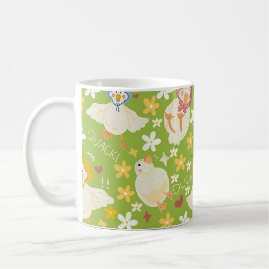 Cute Green Duck & Daisy Flower Seamless Pattern コーヒーマグカップ (左)