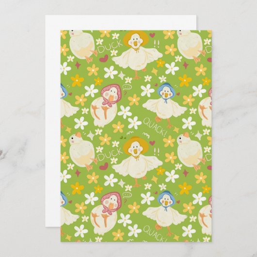 Cute Green Duck & Daisy Flower Seamless Pattern 招待状 (正面/裏面)