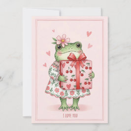 Cute Green Frog In Floral Dress シーズンカード