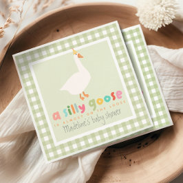 Cute Green Gingham Neutral Silly Goose Baby Shower スタンダードカクテルナプキン