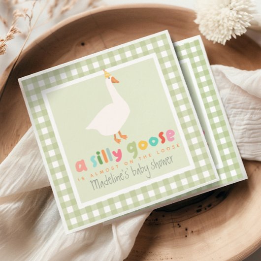 Cute Green Gingham Neutral Silly Goose Baby Shower スタンダードカクテルナプキン