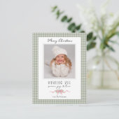 Cute Green Gingham Plaid Preppy Christmas Photo シーズンポストカード (スタンド正面)