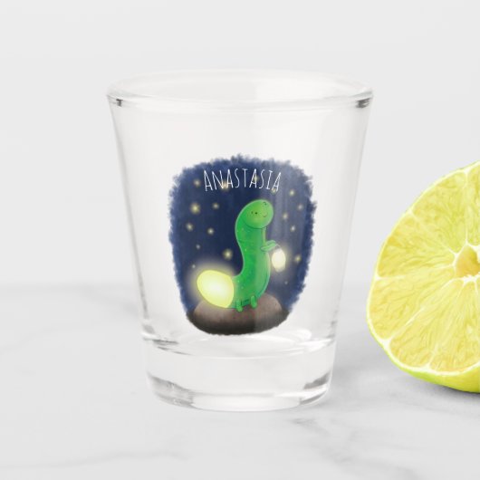 Cute green glow worm cartoon illustration ショットグラス (正面)
