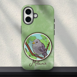 Cute Green Gray Bird Painting Custom Name  iPhone 16ケース