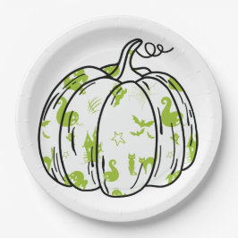 Cute Green Halloween Icons in Pumpkin ペーパープレート