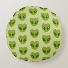 Cute Green Heart-Shaped Alien Head Pattern ラウンドクッション