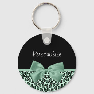 Cute Green Jaguar Print Girly Jade Bow and Name キーホルダー