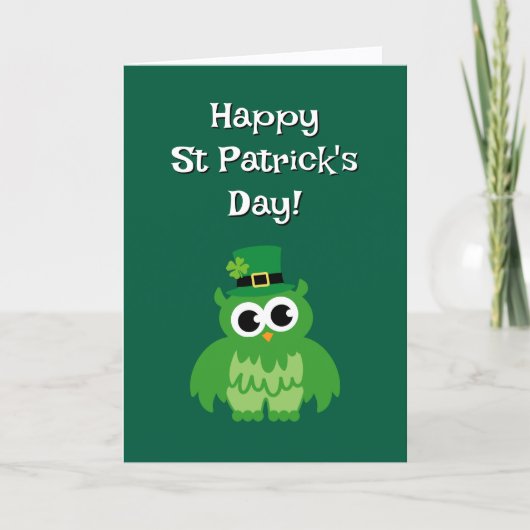 Cute green leprechaun owl bird St Patricks Day カード (正面)