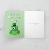 Cute green leprechaun owl bird St Patricks Day カード (内部)