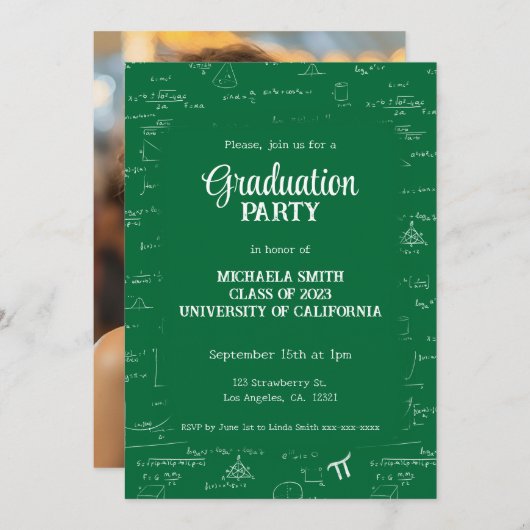 Cute Green Math Hand-Lettering Photo Graduation 招待状 (正面/裏面)