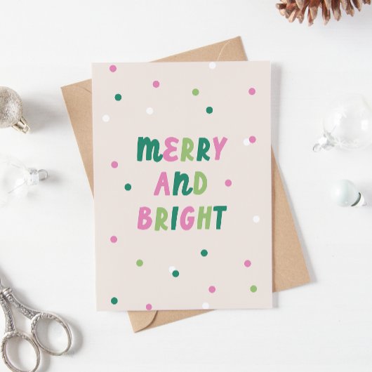 Cute Green Pink Merry & Bright Confetti Christmas シーズンカード