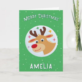 Cute Green Reindeer Kid`s Name Merry Christmas カード