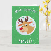 Cute Green Reindeer Kid`s Name Merry Christmas カード (黄色い花)