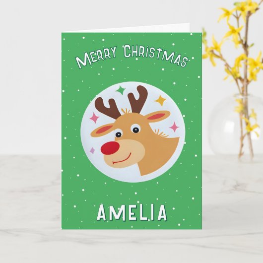 Cute Green Reindeer Kid`s Name Merry Christmas カード (黄色い花)