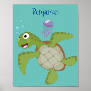 Cute green sea turtle happy cartoon illustration ポスター
