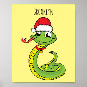 Cute green snake with santa hat cartoon ポスター