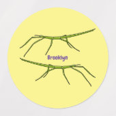 Cute green stick insects with happy faces cartoon ラベル (デザイン1)
