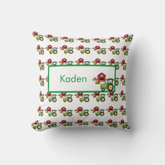 Cute green tractor and red barn personalized  クッション (正面)