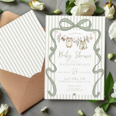 Cute Green Watercolor Bow Clothesline Baby Shower 招待状