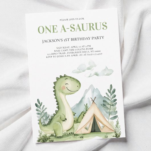 Cute Green Watercolor Dinosaur 1st Birthday Party 招待状