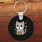 Cute Grey Cat Boba Tea Bubble Tea Anime Kawaii Nek キーホルダー (正面)