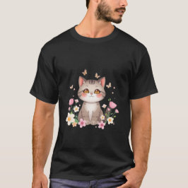 Cute Grey Cat in Flower Garden Butterflies Art ✨🐾 Tシャツ