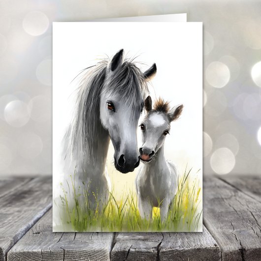 Cute Grey Horse and Foal Mother's Day シーズンカード