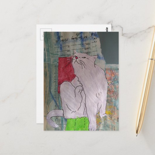 Cute Grey Kitty mixed media collage ポストカード (正面/裏面インサイチュ)