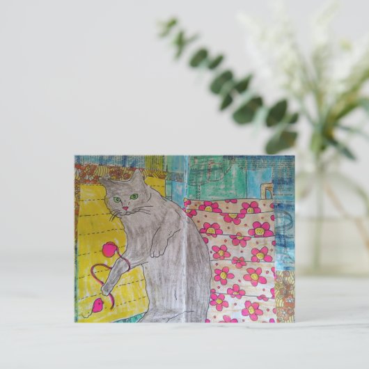 Cute Grey Kitty mixed media collage ポストカード (スタンド正面)