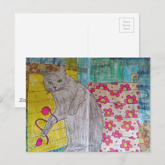 Cute Grey Kitty mixed media collage ポストカード (正面/裏面)