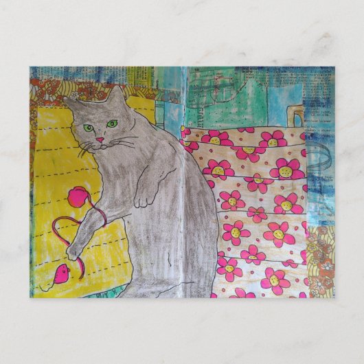 Cute Grey Kitty mixed media collage ポストカード (正面)