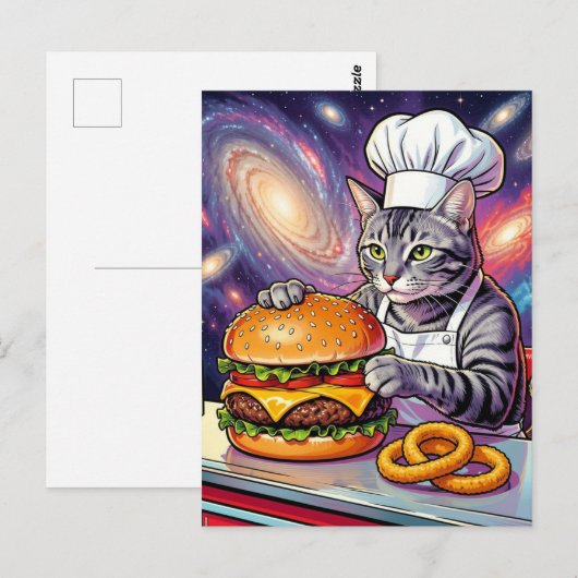 Cute Grey Tabby Cat Chef Making Cheeseburger ポストカード (正面/裏面)