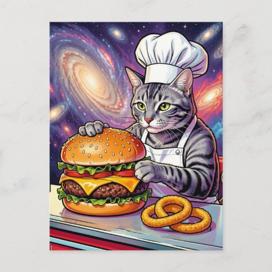 Cute Grey Tabby Cat Chef Making Cheeseburger ポストカード (正面)