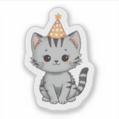 Cute Grey Tabby Kitten Birthday Party Sticker シール (正面)