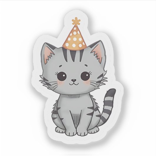 Cute Grey Tabby Kitten Birthday Party Sticker シール (正面)