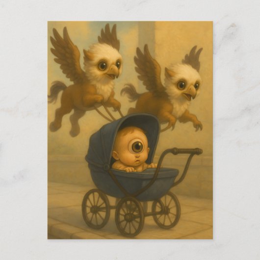 Cute Griffins & Baby Cyclops Mythology Fantasy Art ポストカード (正面)