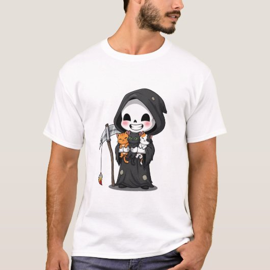 Cute Grim Reaper Holding Three Cats Cartoon Tシャツ (正面)