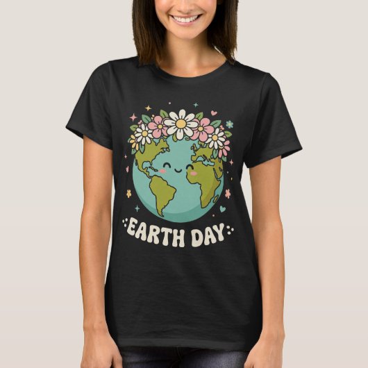 Cute Groovy Earth Floral Planet Happy Earth Day Tシャツ (正面)