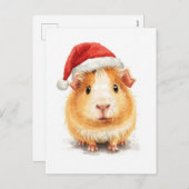 Cute Guinea Pig in Santa Hat Watercolor シーズンポストカード (正面/裏面)