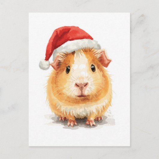 Cute Guinea Pig in Santa Hat Watercolor シーズンポストカード (正面)