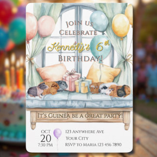 Cute Guinea Pig Watercolor Birthday Party 招待状