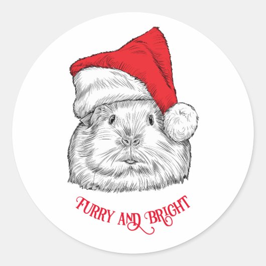 Cute Guinea Pig with Christmas hat, furry and brig ラウンドシール (正面)