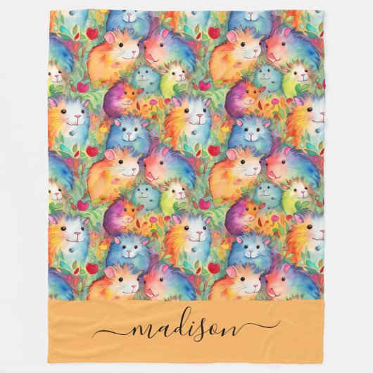 Cute guinea pigs pattern script name フリースブランケット (正面)