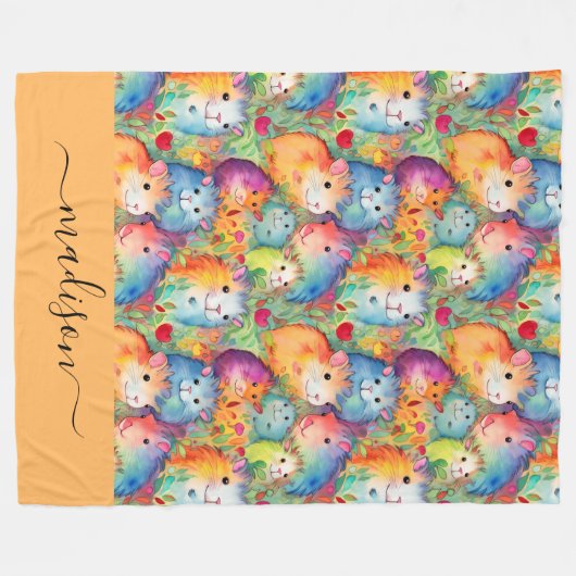 Cute guinea pigs pattern script name フリースブランケット (正面(横))