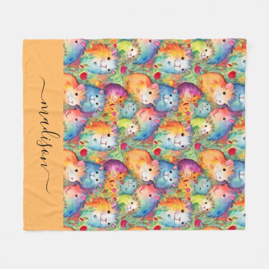Cute guinea pigs pattern script name フリースブランケット (正面(横))