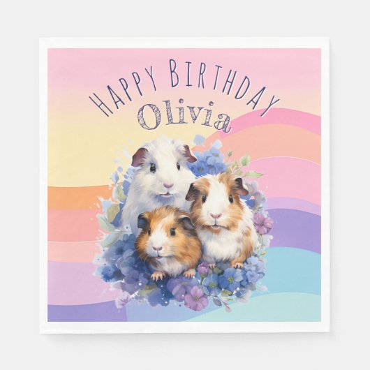 Cute Guinea Pigs Pet Animals Happy Birthday スタンダードランチョンナプキン (正面)