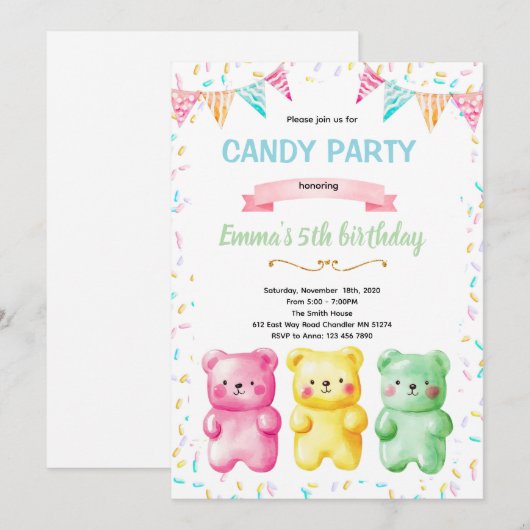 Cute gummy bear party theme invitation 招待状 (正面/裏面)