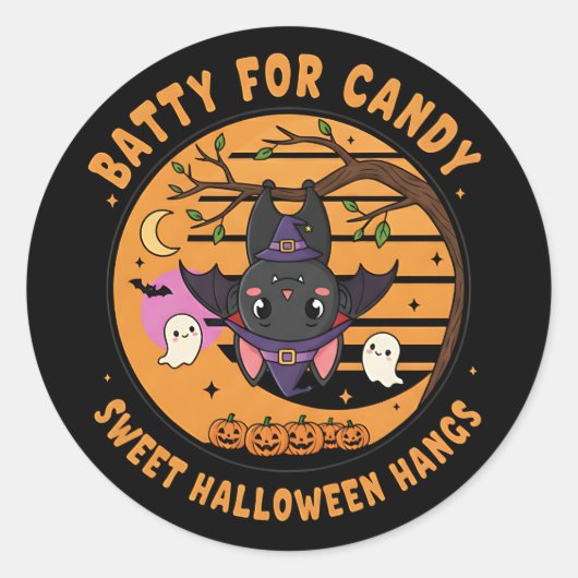 Cute Halloween Bat Sticker with Ghosts & Pumpkins ラウンドシール (正面)