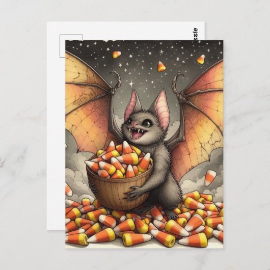 Cute Halloween Bat With Candy ポストカード (正面/裏面)