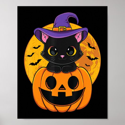 Cute Halloween Black Cat Witch Hat Pumpkin For Kid ポスター (正面)